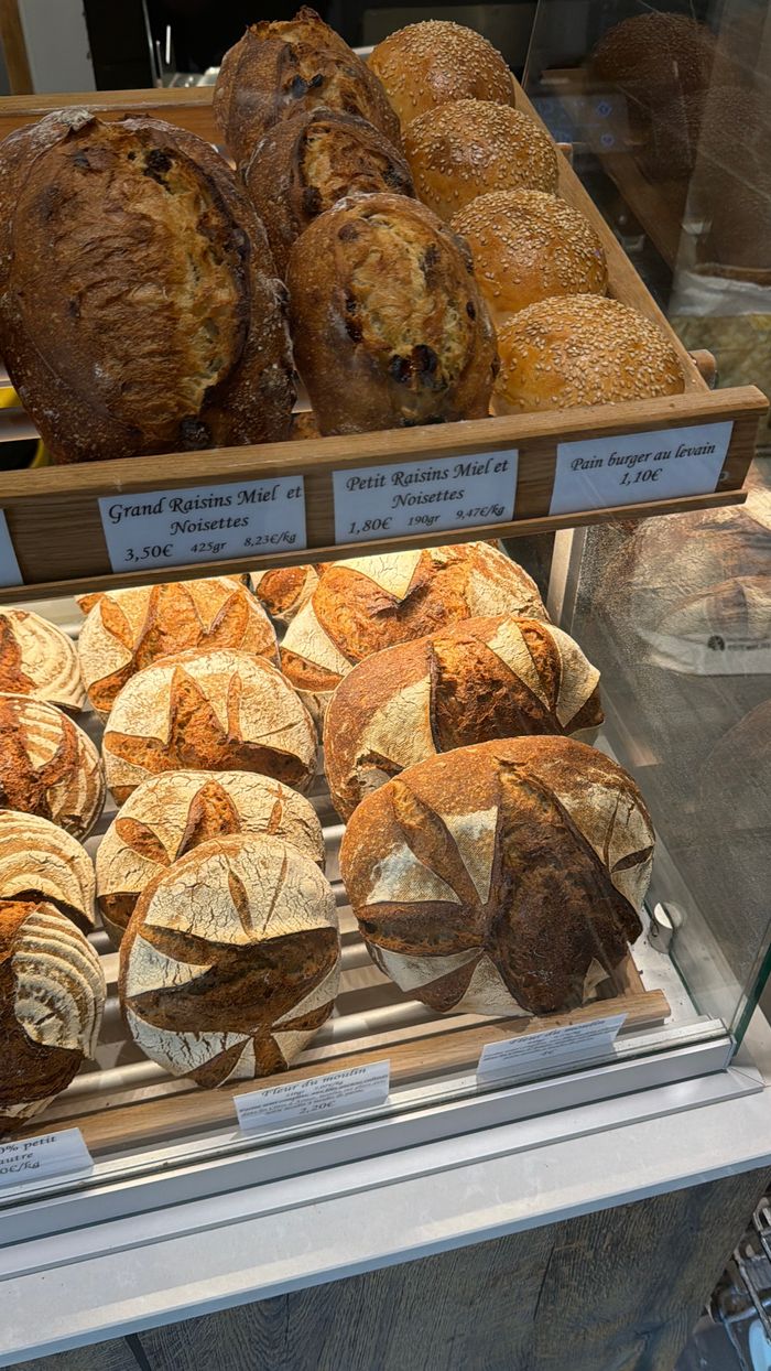 A tempting display of artisan breads in a French bakery, showcasing rustic loaves.